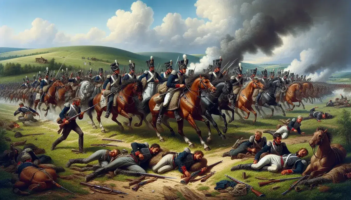 Scena di battaglia storica con soldati in uniformi blu e bianche, combattenti a piedi e a cavallo, fumo sulle colline verdi, soldato ferito in primo piano.