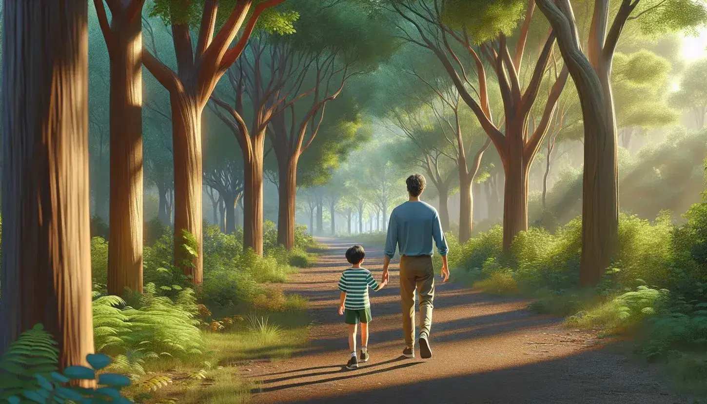 Adulto y niño de la mano caminando por sendero arbolado, con luz solar filtrándose entre hojas verdes, transmitiendo tranquilidad y conexión.