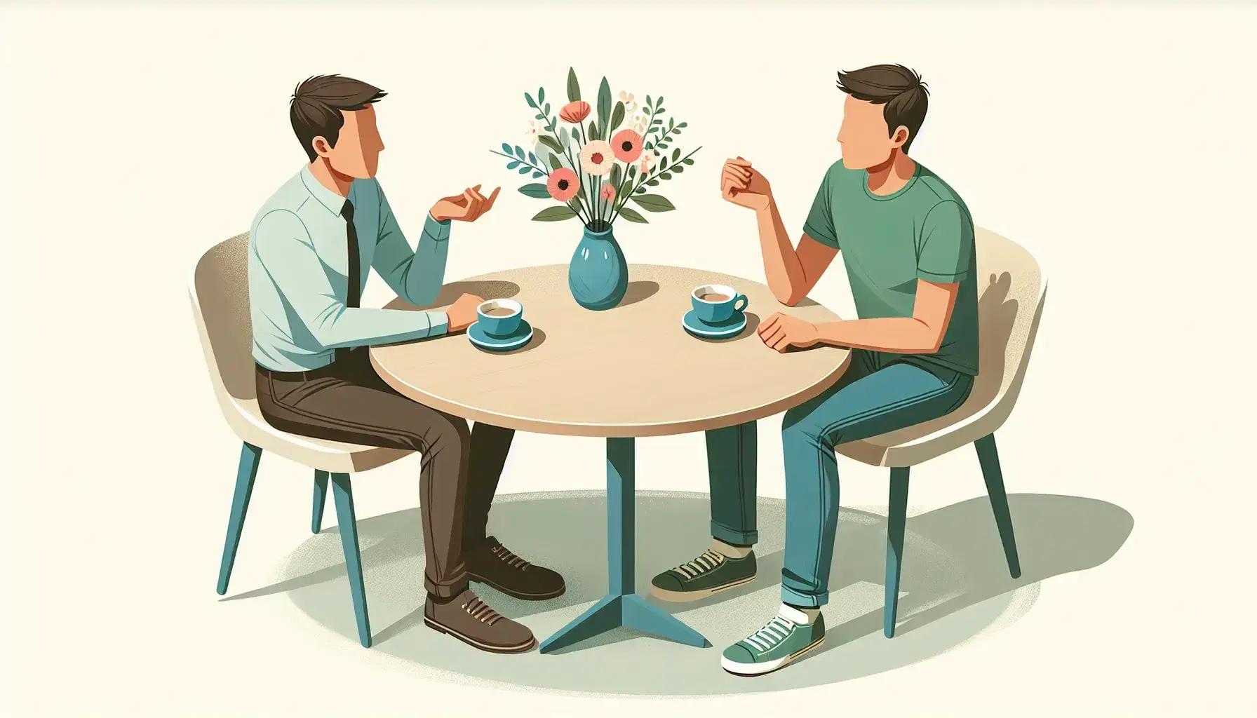 Dos personas conversando en una mesa redonda con tazas de café y un jarrón con flores, ambiente cálido y enfoque en la interacción.