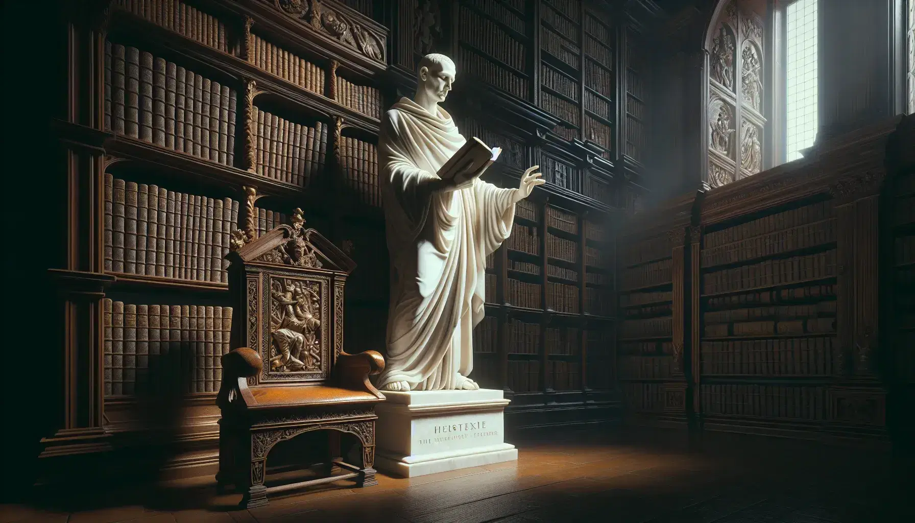 Statua marmorea bianca di figura religiosa con abito monastico e libro aperto, in biblioteca antica con scaffali in legno e globo.