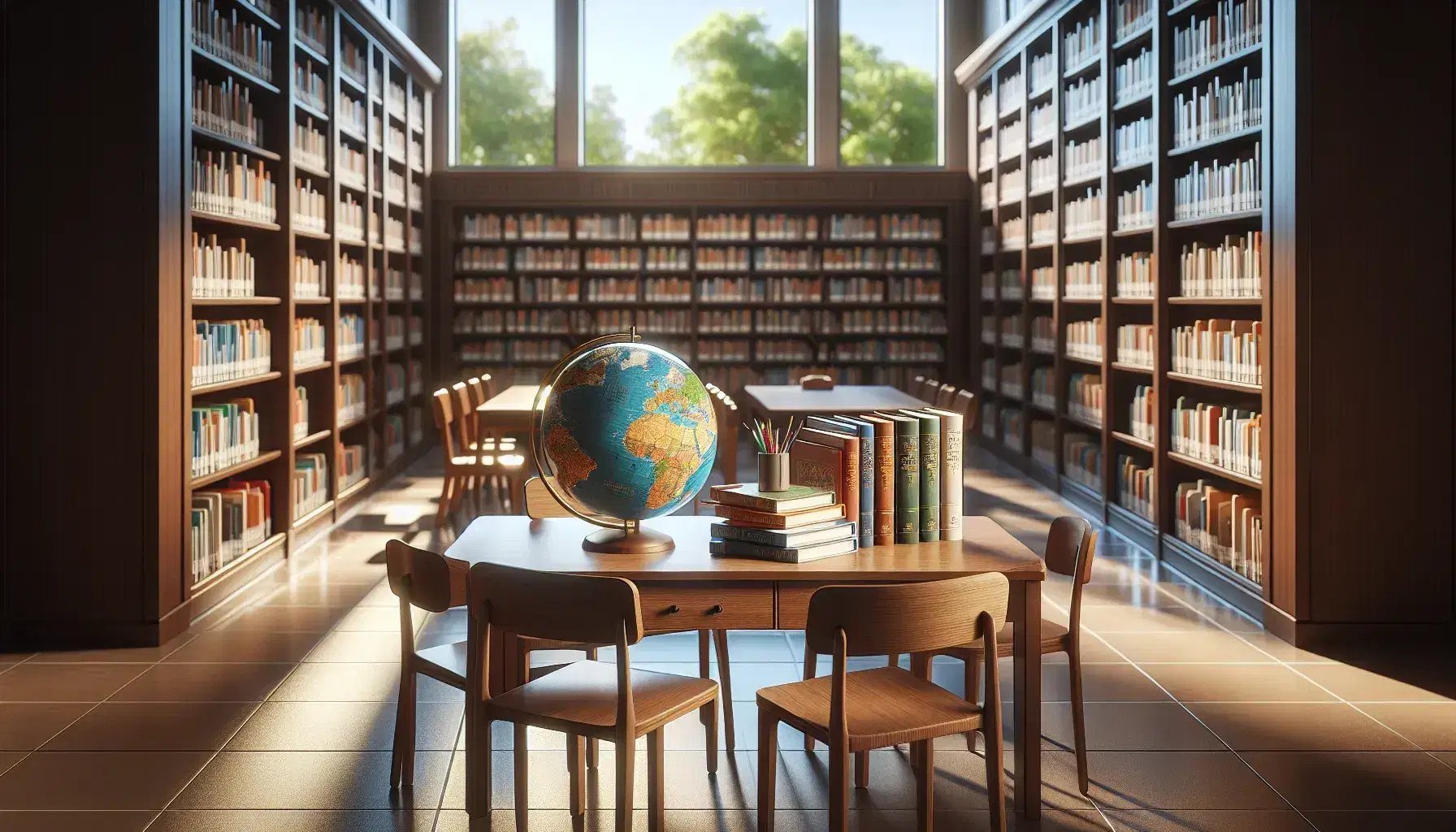 Biblioteca escolar iluminada con estantes de madera repletos de libros, mesa con libros abiertos y un globo terráqueo, junto a una ventana con vista a árboles.