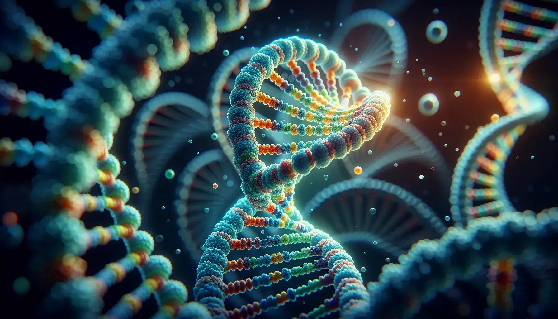 Estructura detallada de una doble hélice de ADN en 3D con bases de colores vivos y soportes en tonos azules y verdes, resaltando su espiral ascendente.