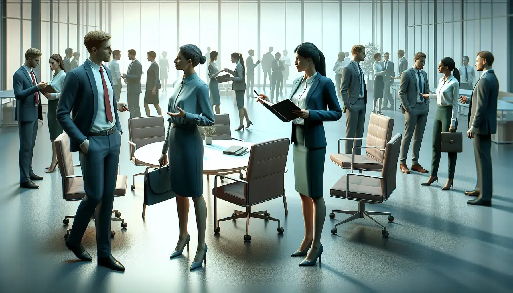 Grupo diverso de profesionales en reunión de oficina, con mujer en traje azul sosteniendo portapapeles y hombre en camisa blanca y corbata roja dialogando.