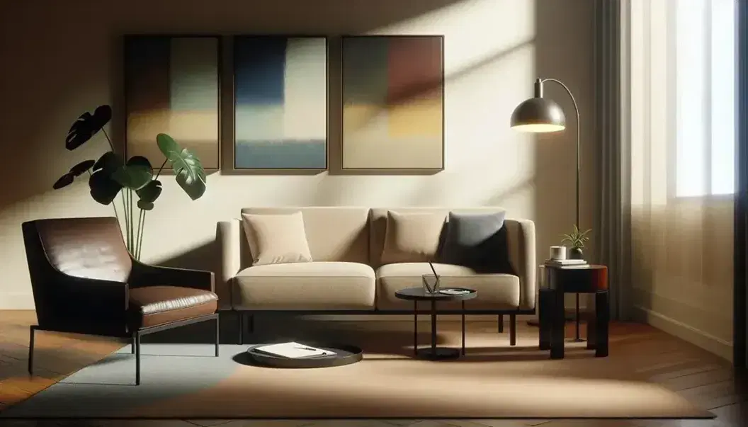 Ambiente di valutazione psicoanalitica con divano beige, poltrona in pelle marrone scuro, tavolino con blocco note, lampada e quadri astratti.