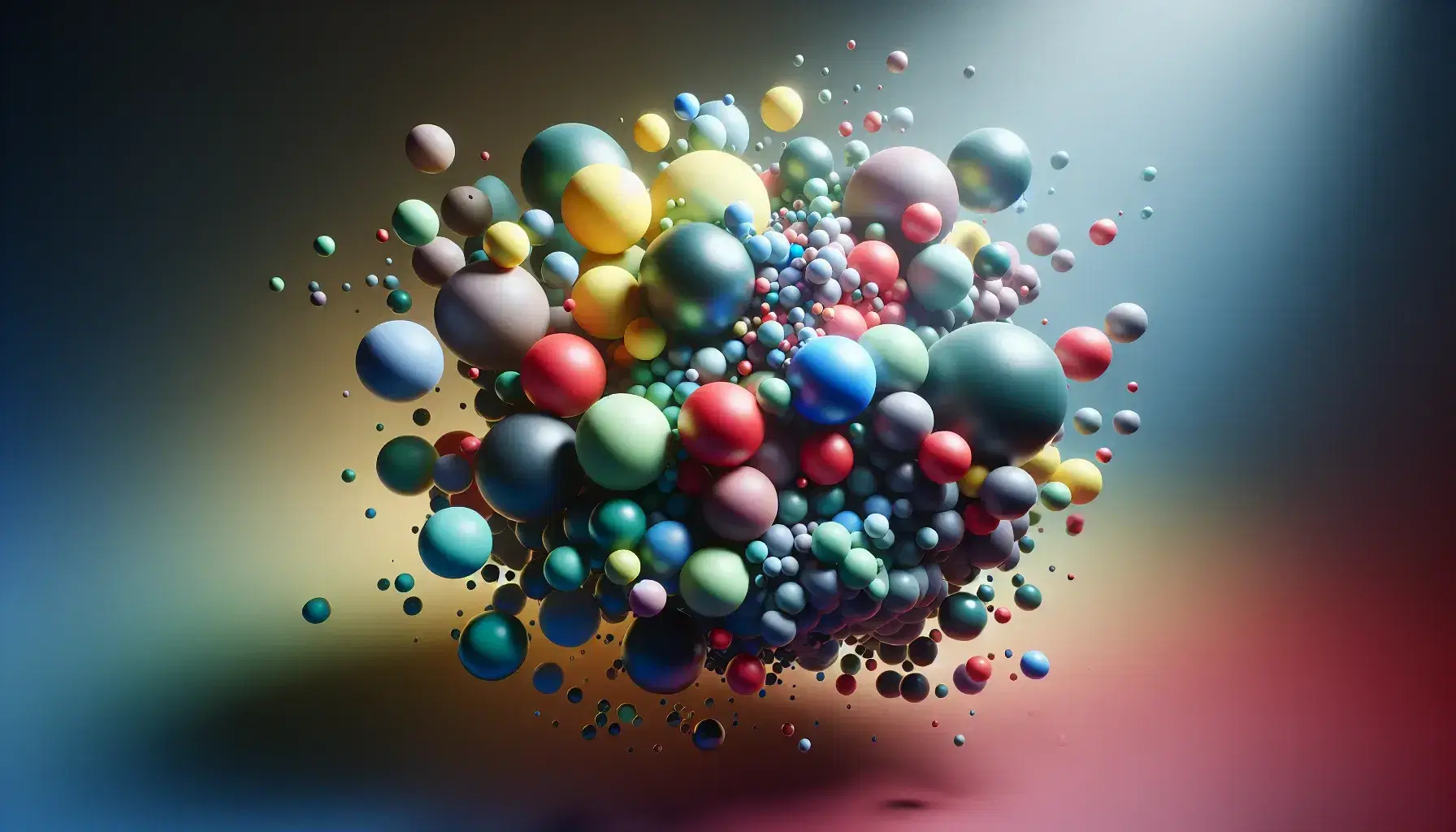 Sfere colorate fluttuanti in spazio nebuloso con sfumature da grigio a nero, riflessi luminosi e sensazione di profondità tridimensionale.
