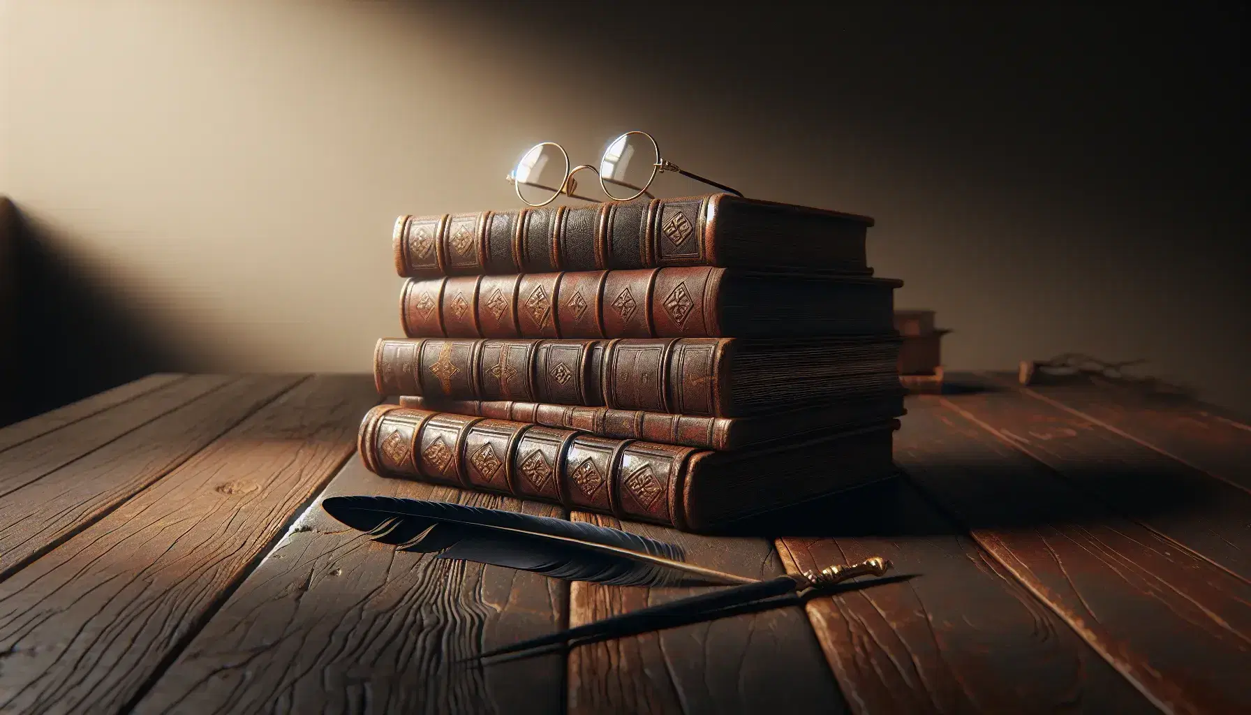 Antiguos libros de tapa de cuero apilados con gafas redondas y pluma de ave sobre mesa de madera oscura, evocando una atmósfera de épocas pasadas.