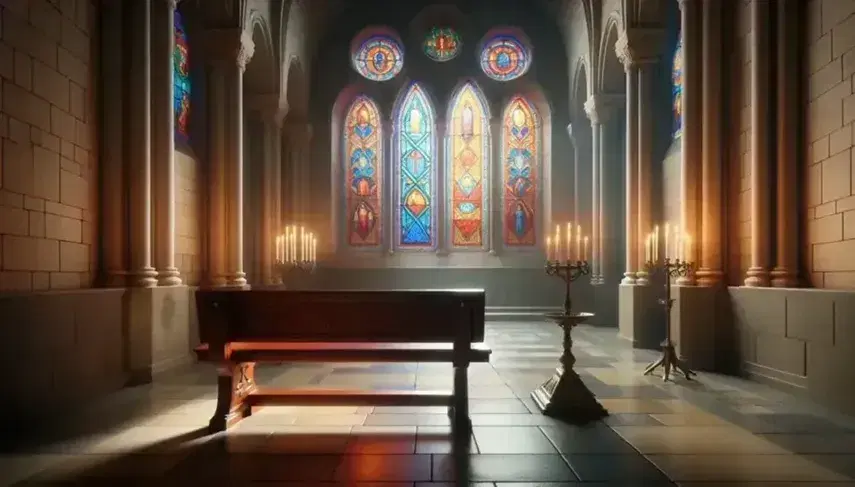 Vitrales coloridos iluminan una iglesia antigua con bancos de madera pulida y candelabro encendido, rodeados de estatuas de mármol y suelo de baldosas ajedrezadas.