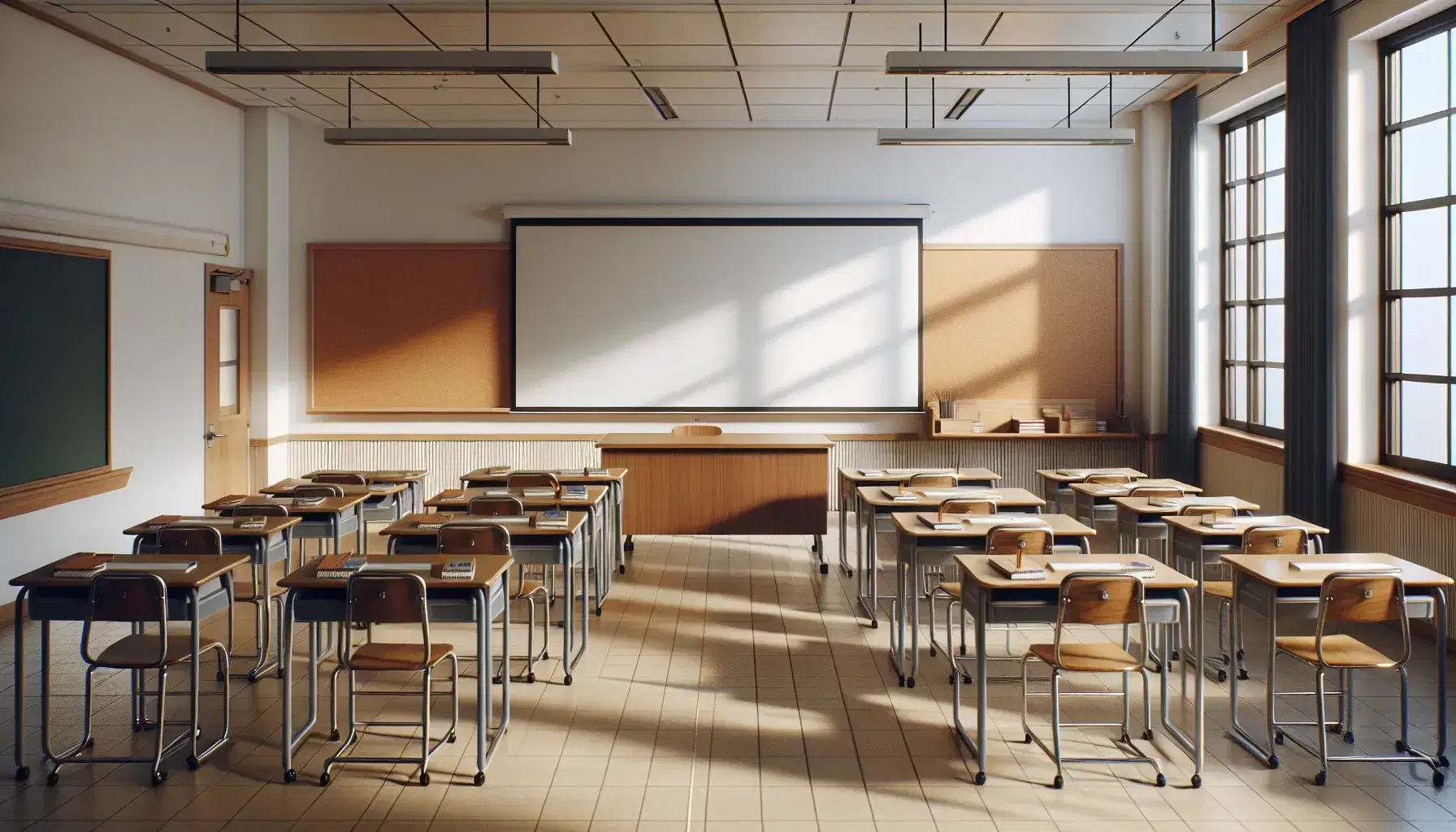 Aula vacía con luz natural, pizarra blanca central, pupitres de madera con sillas metálicas y mesa de profesor en esquina, suelo de baldosas beige.