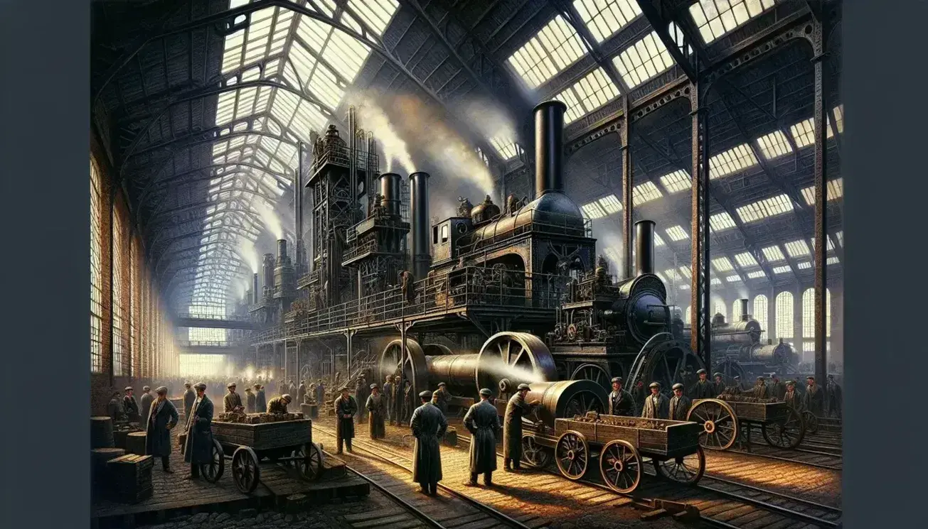 Escena de fábrica de la Segunda Revolución Industrial con trabajadores operando maquinaria a vapor, locomotora al fondo y techo con vigas de hierro, en tonos grises y marrones.