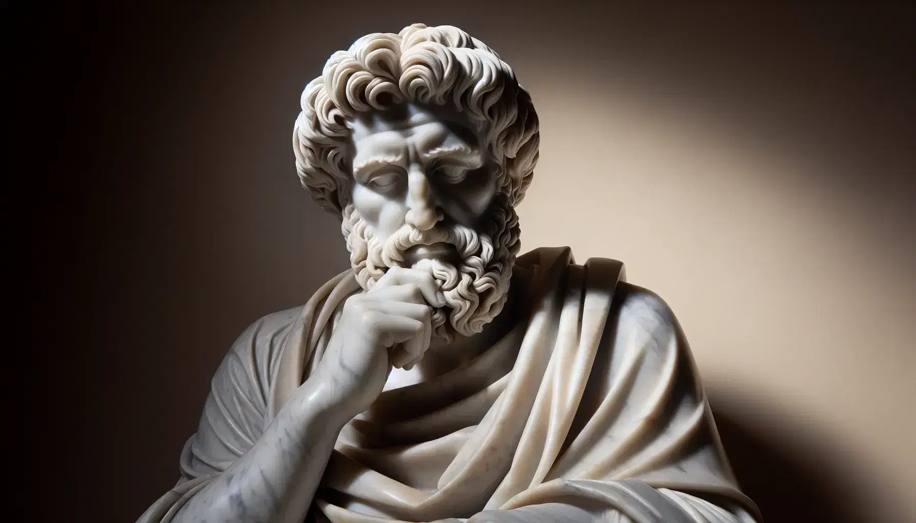 Escultura de mármol clásico que representa a un filósofo antiguo, posiblemente Boethius, con mano en el mentón y otra en un libro cerrado, destacando detalles finos y juego de luces y sombras.