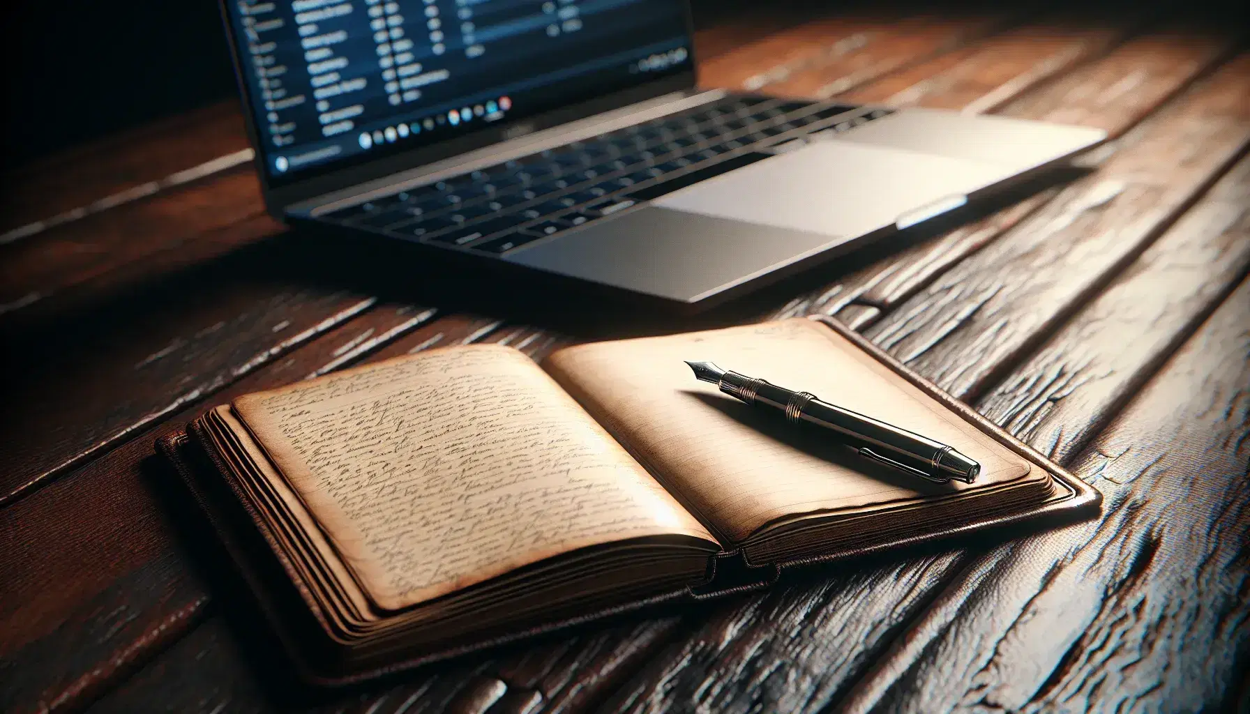 Escritorio de madera antiguo con diario abierto y pluma estilográfica junto a un portátil moderno, simbolizando la unión de lo clásico y lo digital.