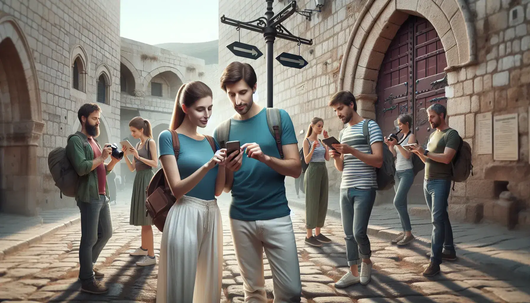 Turisti moderni consultano smartphone per orientarsi tra antichi edifici in città storica europea, altri scattano foto e ascoltano audio.