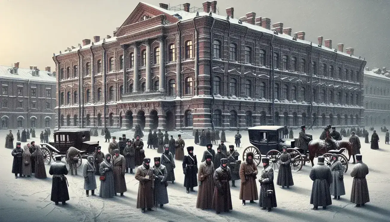 Scena storica invernale in piazza russa con persone in abiti d'epoca, struttura neoclassica rossa e carrozza innevata, sotto cielo grigio.