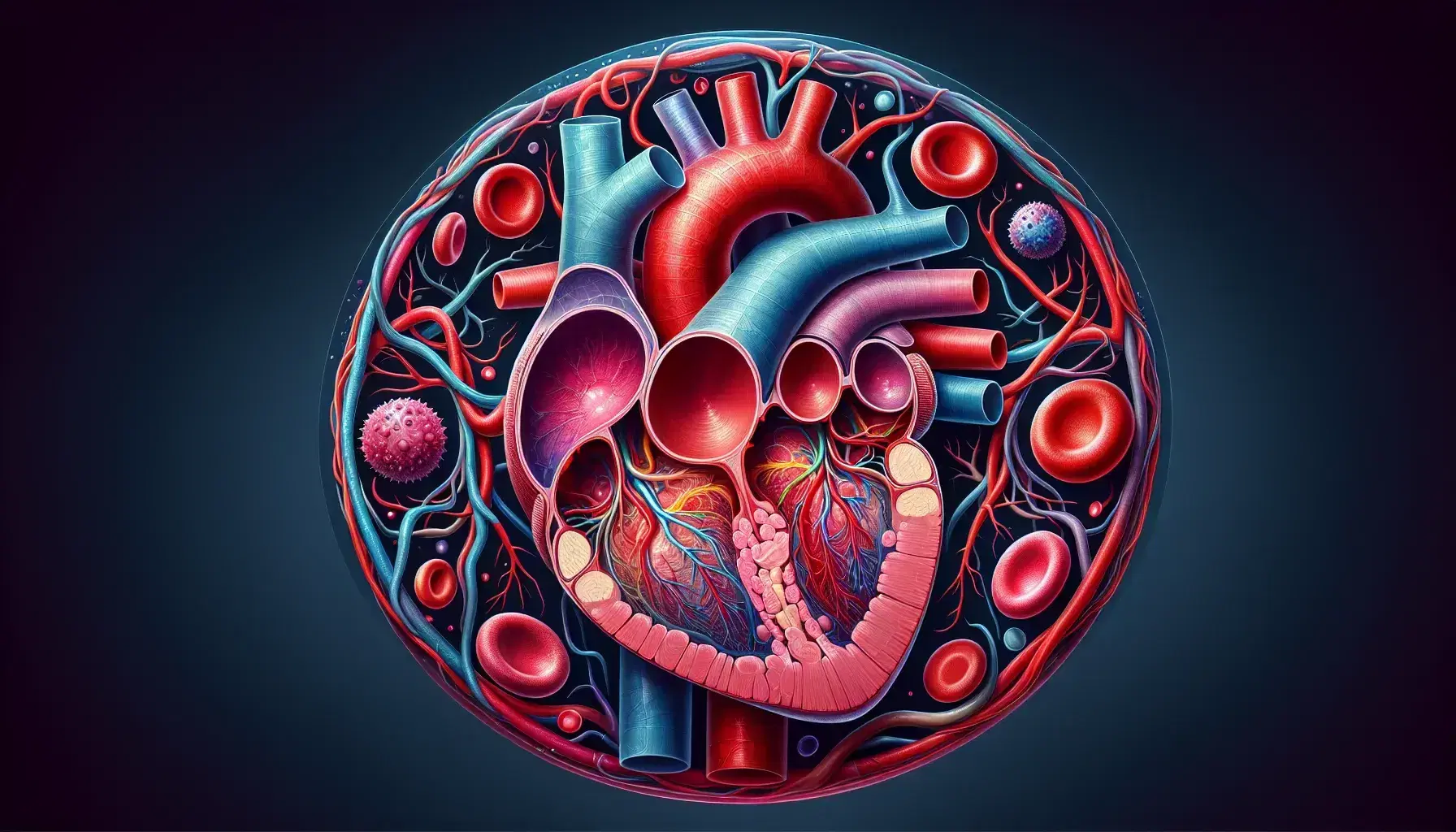 Sezione trasversale dettagliata di un cuore umano con camere, vasi sanguigni in rosso e blu, e cellule del sangue su sfondo neutro.