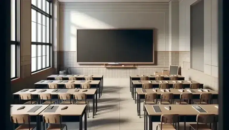 Aula vacía con filas de pupitres de madera y sillas a juego frente a pizarra negra, estantes con tizas y borradores, ventana grande y planta verde.