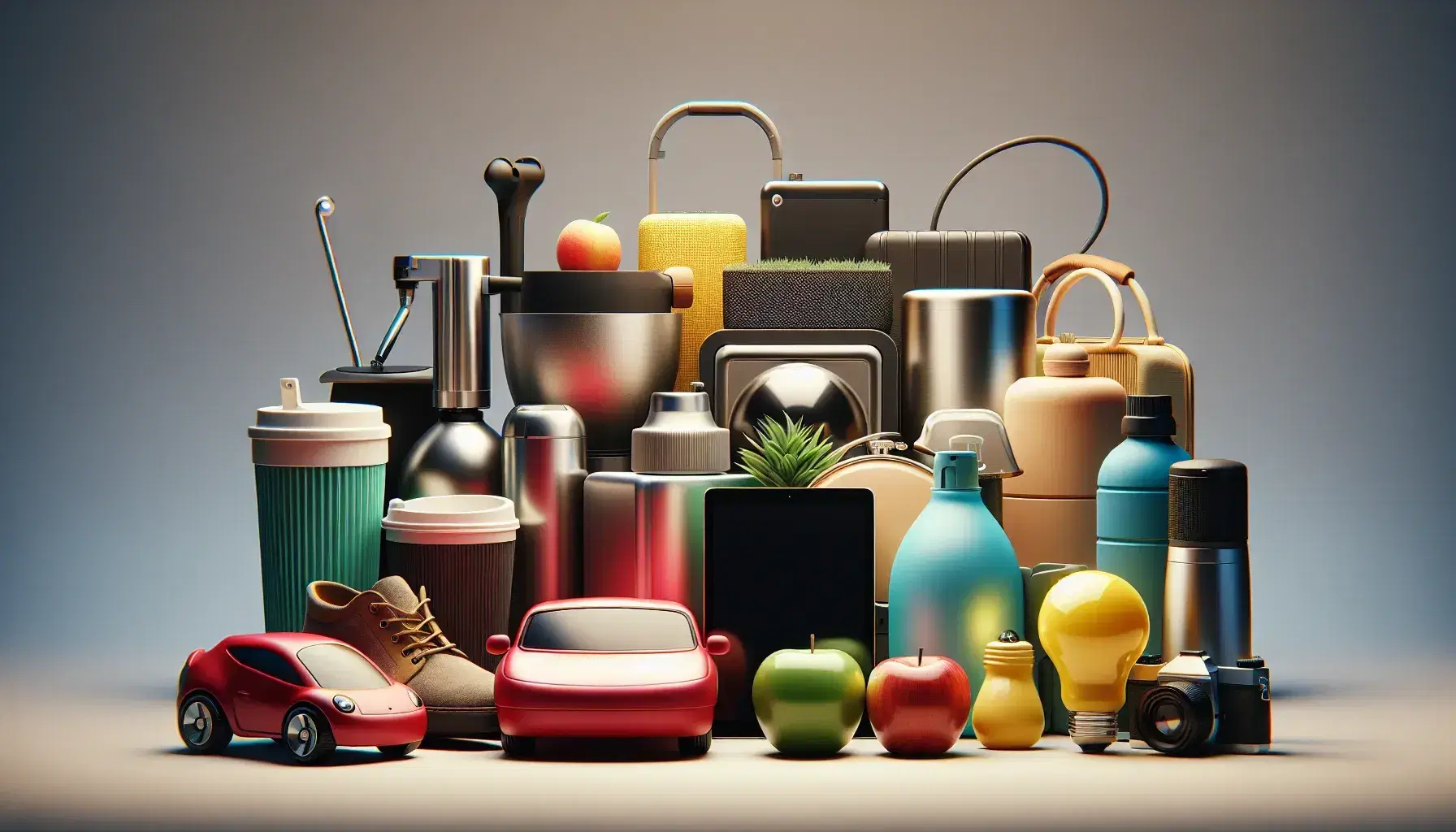 Assorted consumer products including a red toy car, green apple, blue water bottle, yellow light bulb, blender, leather shoe, potted plant, and tablet.