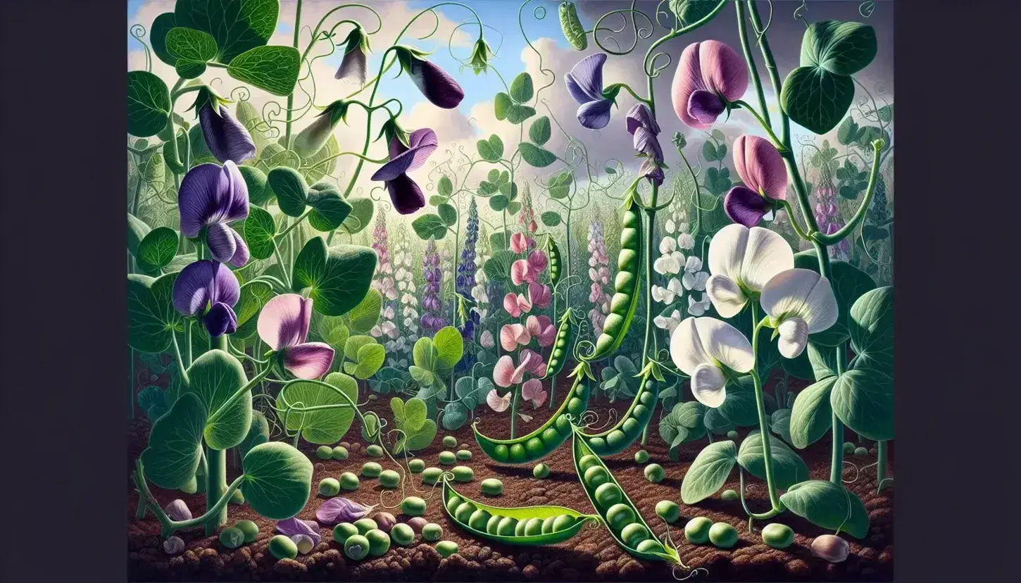 Pea garden with purple and white flowers and ripe pods, reference to Mendel's genetic experiments, on a sunny day.