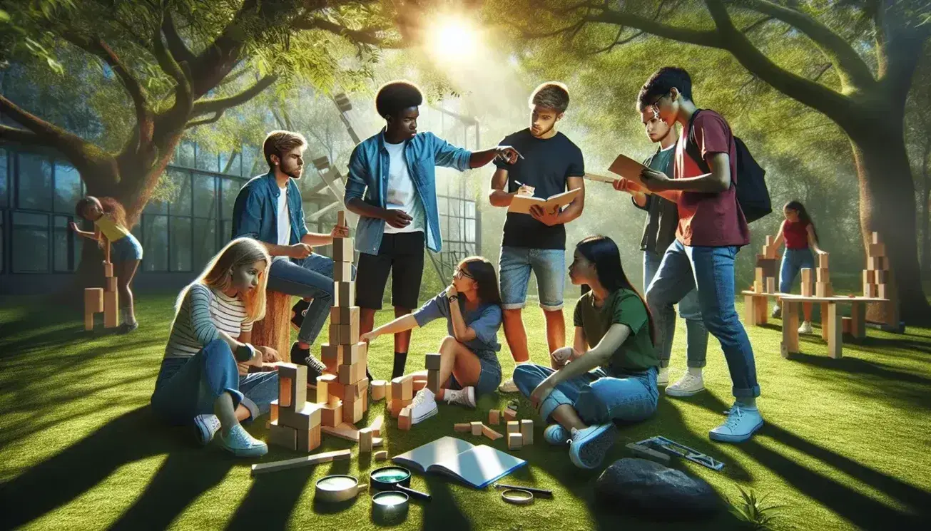 Estudiantes diversos al aire libre participan en actividad educativa, construyendo con bloques y tomando notas, rodeados de naturaleza en día soleado.