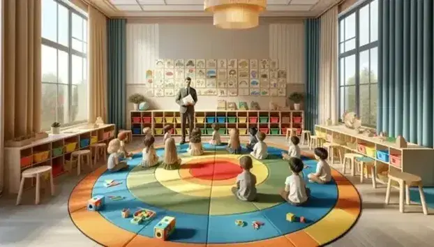 Aula de preescolar iluminada con luz natural, niños sentados en alfombra circular colorida escuchando a maestro con libro, estantería con juguetes educativos y mesa con materiales de arte.
