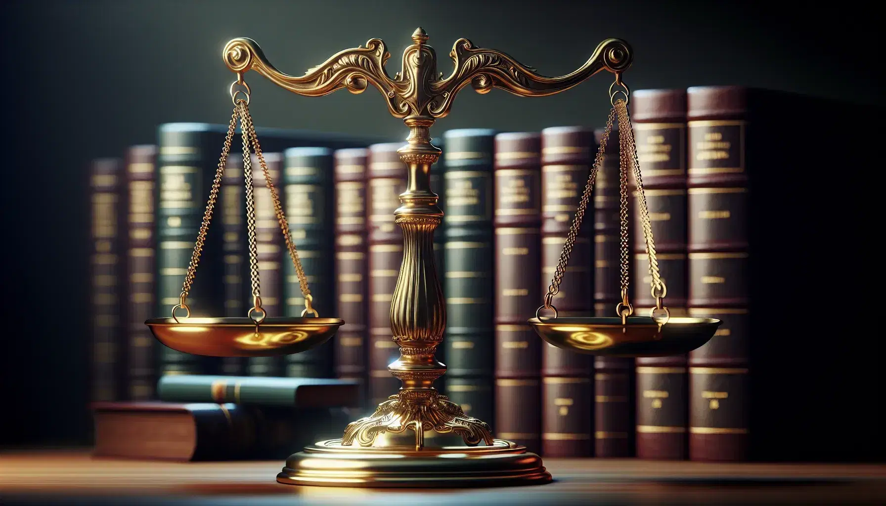 Polished brass scales of justice with symmetrical plates and floated column on mahogany base, blurred law books background.