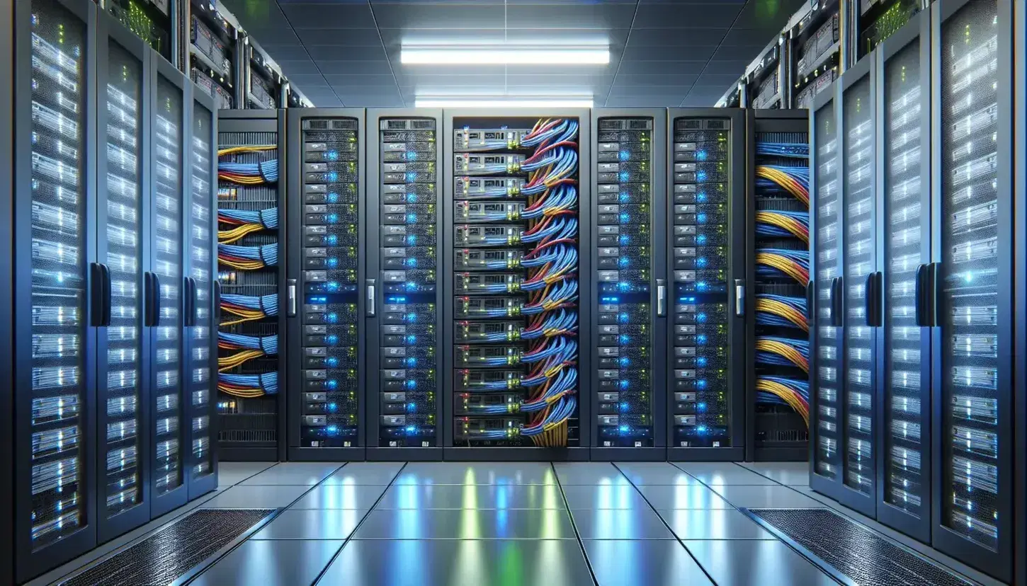 Centro de datos con racks de servidores y luces LED azules y verdes, cables organizados y pasillos de equipos de red en funcionamiento.