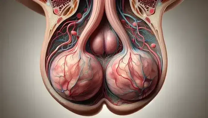 Rappresentazione anatomica dettagliata dei testicoli umani e del deferente, con rete vascolare visibile, adatta a contesti educativi.