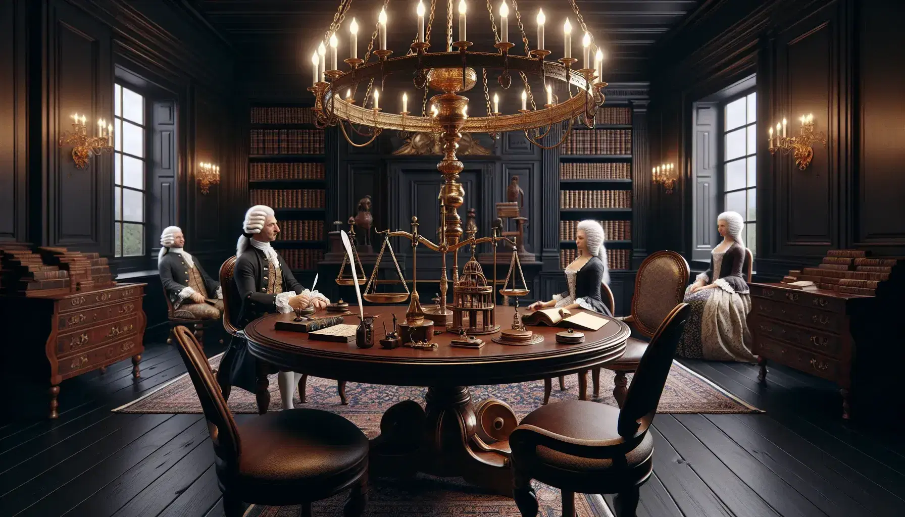 18th century European living room with brass chandelier, round table with scales, inkwell and Panopticon model, books and two people.
