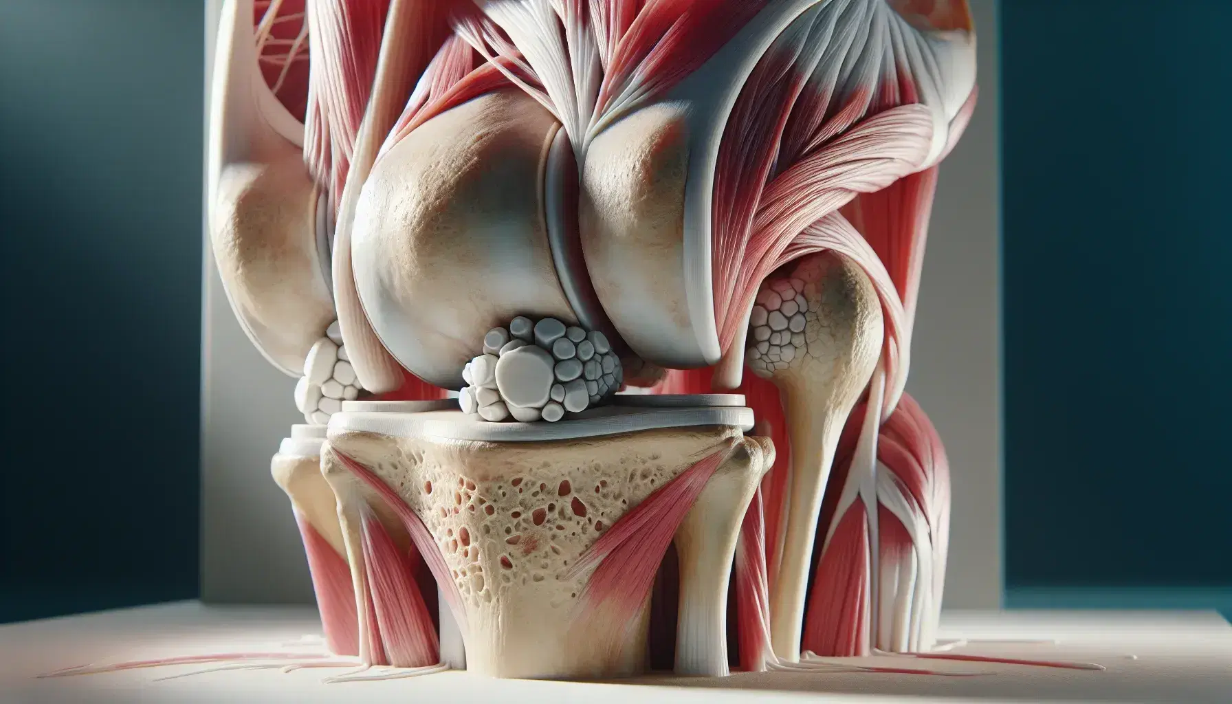 Vista detallada de un modelo anatómico de la articulación de la rodilla humana mostrando huesos, cartílagos y ligamentos en un entorno clínico.
