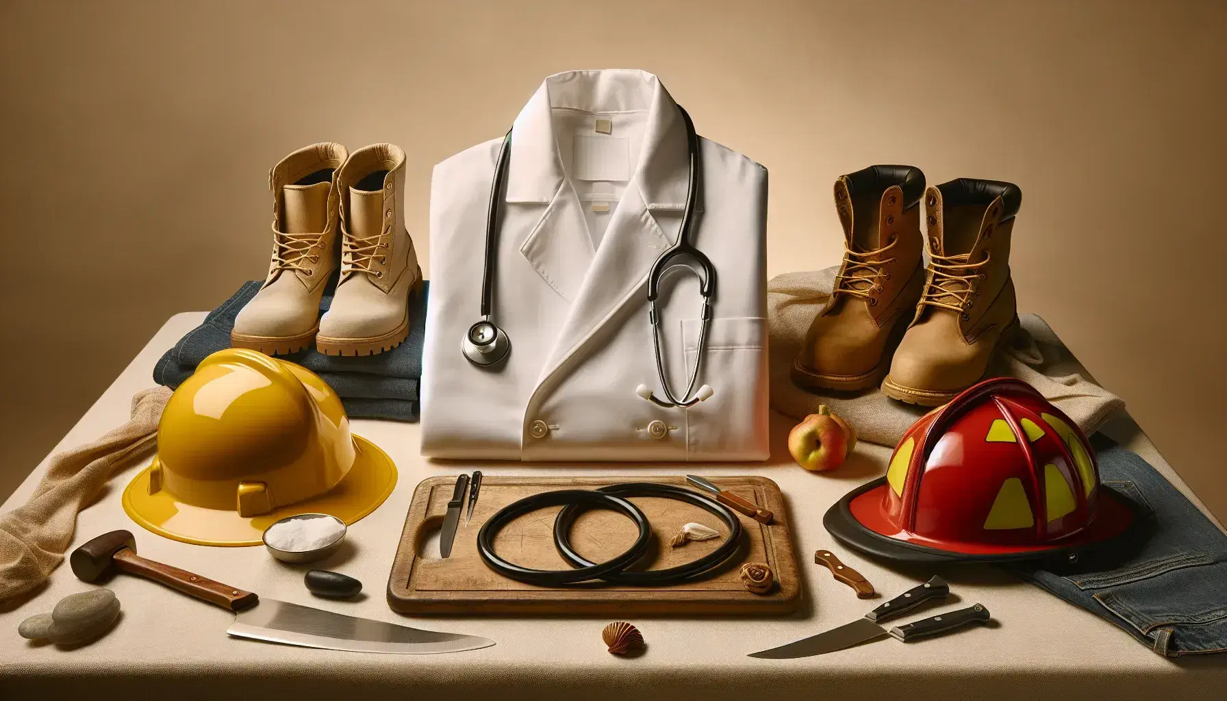 Neatly coiled stethoscope, chef's jacket with knife on cutting board, yellow hard hat with leather boots, red firefighter helmet, and polished black shoes on a beige backdrop.