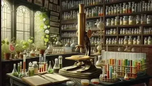 Laboratorio scientifico vittoriano con microscopio in ottone, tavolo con strumenti di ricerca, piante e libro illustrato.