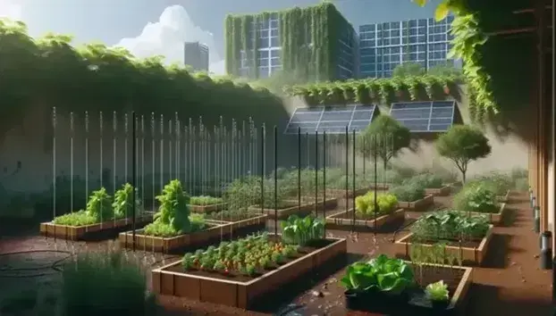 Jardín urbano con hortalizas y hierbas en contenedores de madera bajo riego por goteo, paneles solares al fondo y un árbol frondoso a la derecha en un día soleado.