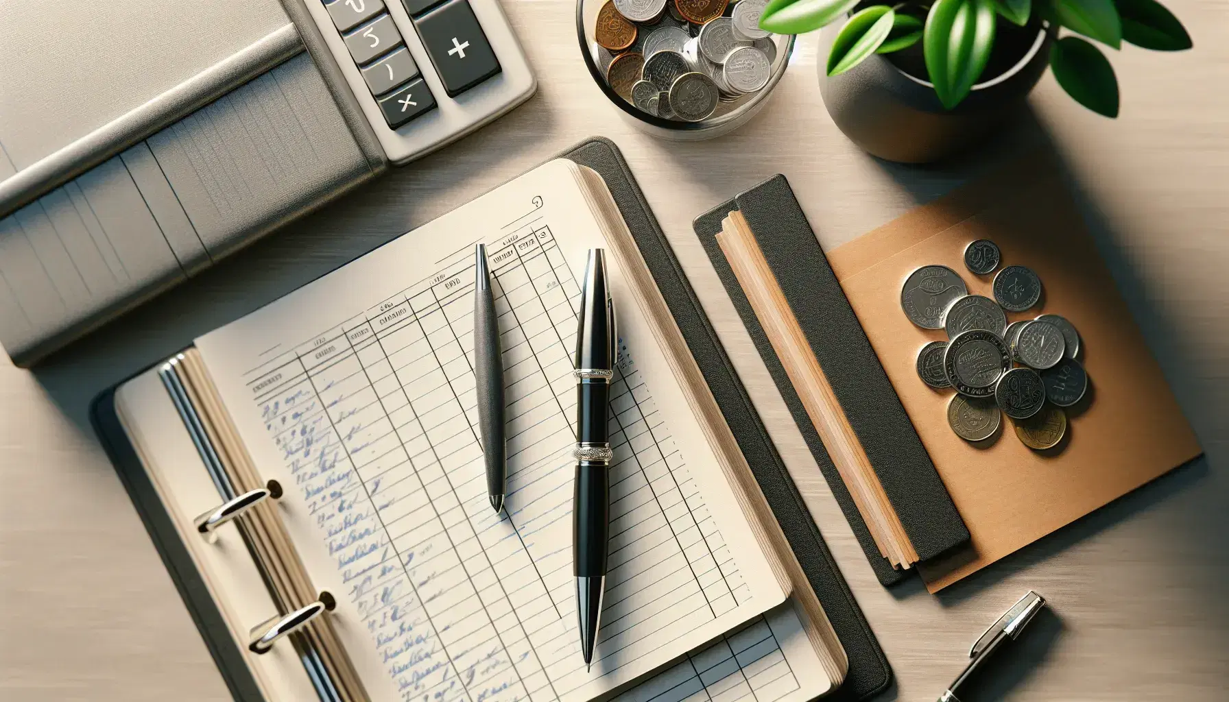Organized office desk with open ledger, modern calculator, silver pen, potted plant, jar of international coins, and round-rimmed eyeglasses on a wooden surface.