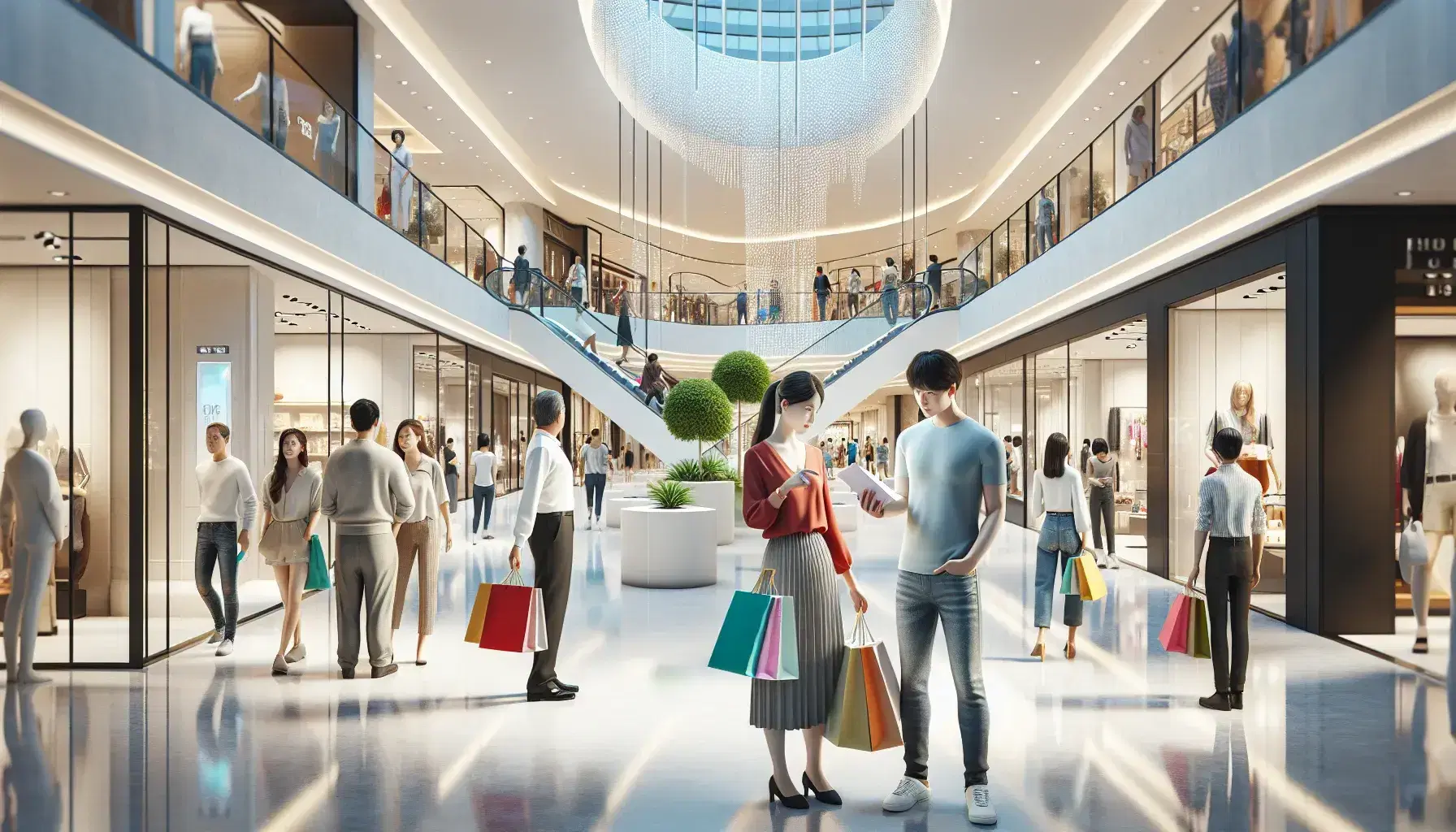 Grupo diverso de personas comprando en un centro comercial moderno con escaleras mecánicas y plantas verdes.