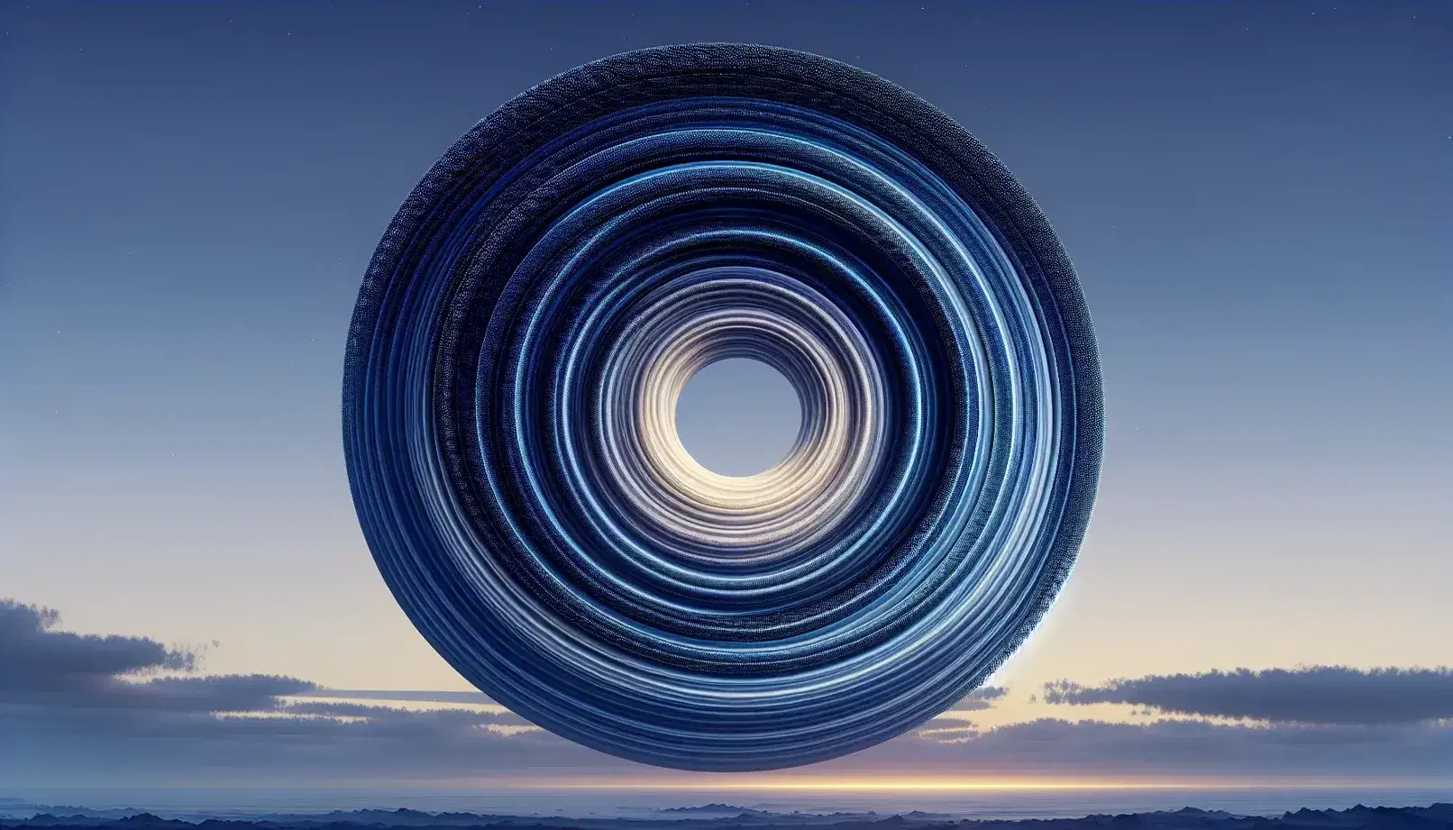 Spiraling gyre with color gradient from navy to pale blue, contrasting with a pastel dawn or dusk sky, golden desert dunes, and a calm reflective water body.