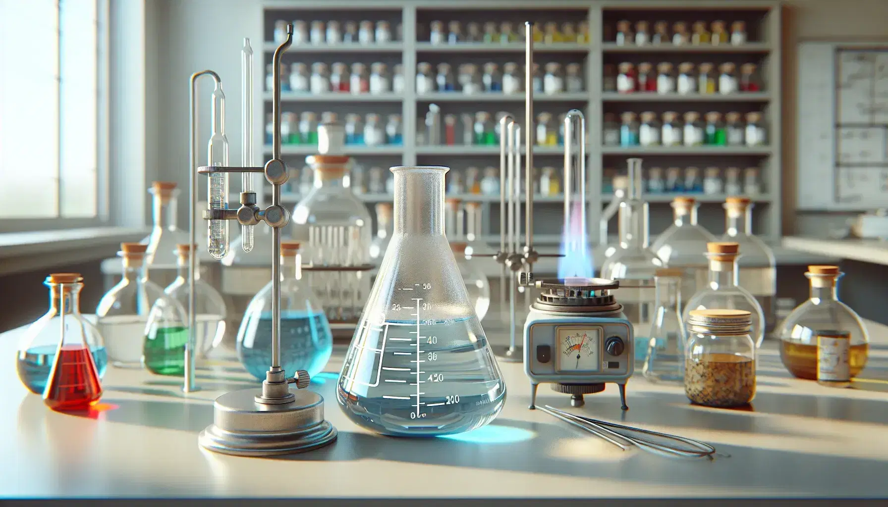 Laboratorio científico con equipo de termoquímica, incluyendo matraz Erlenmeyer con líquido azul, mechero Bunsen encendido y termómetro en líquido incoloro, rodeado de frascos en estantes.