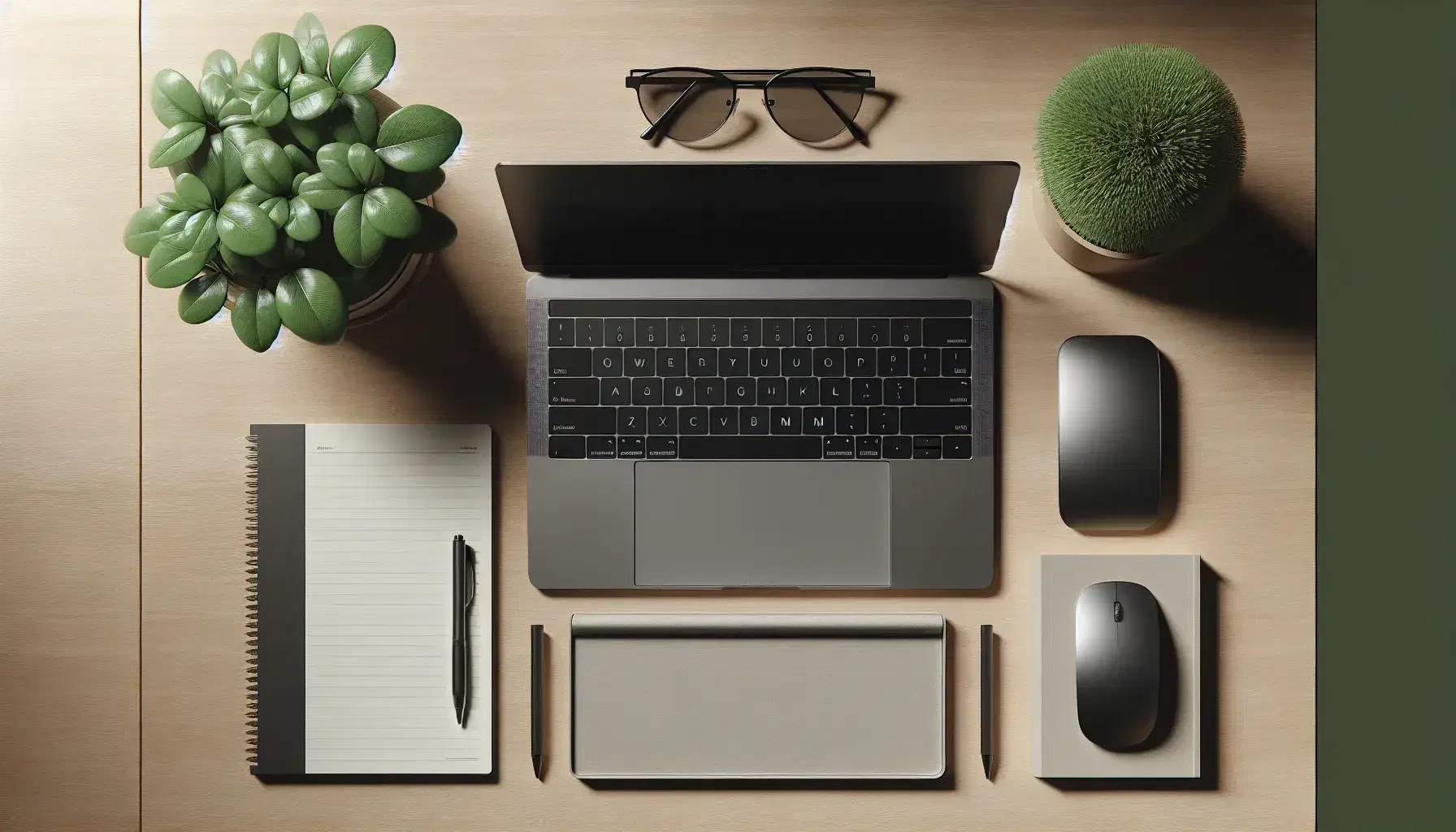 Tidy desk with open laptop, black wireless mouse, notepad with pen, green plant in terracotta pot and black glasses.