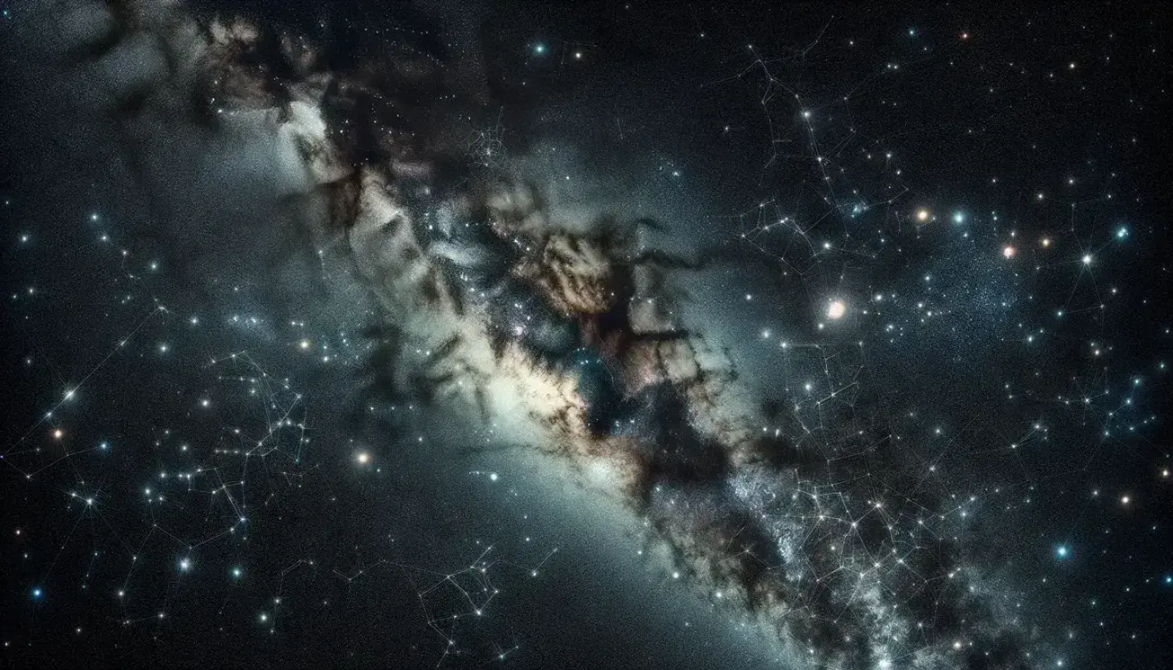 Cielo notturno stellato con la Via Lattea, costellazione evidente e galassia spirale distante, libera da inquinamento luminoso.