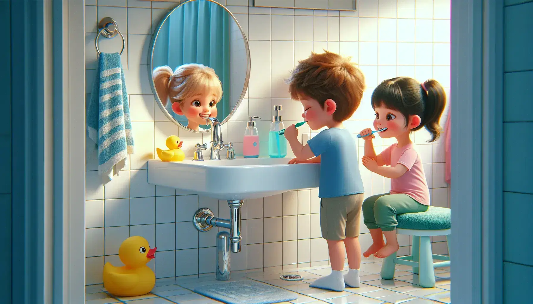 Niños realizando su higiene diaria en un baño colorido, uno lavándose las manos, otro cepillándose los dientes y el menor observando con un patito de goma.