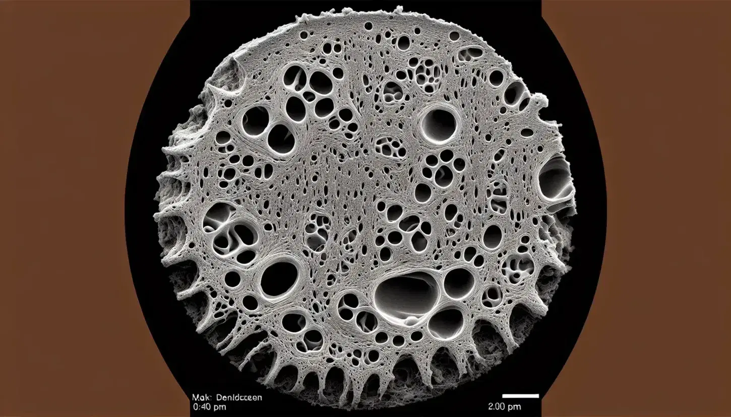 Micrografía electrónica de barrido en escala de grises mostrando la textura detallada de la superficie ósea humana con cavidades interconectadas y posibles osteocitos.