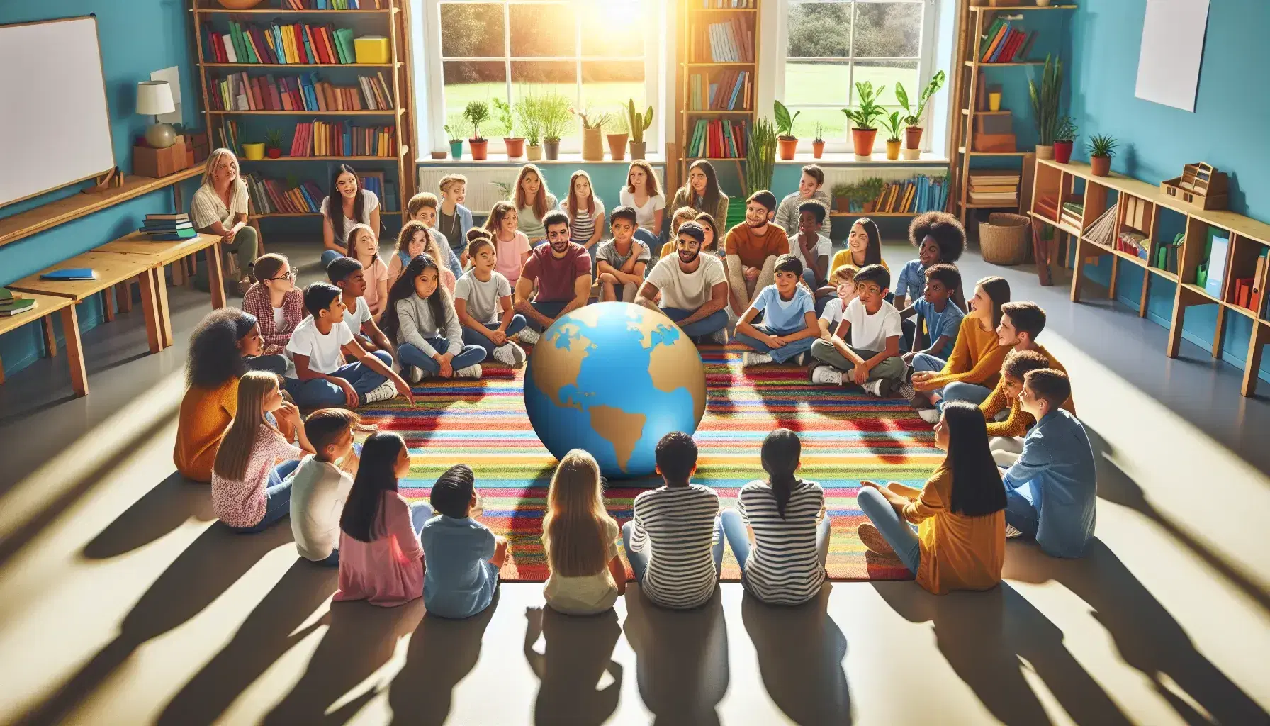 Grupo diverso de estudiantes interactuando y señalando un globo terráqueo en un aula iluminada con luz natural, rodeados de plantas y libros.