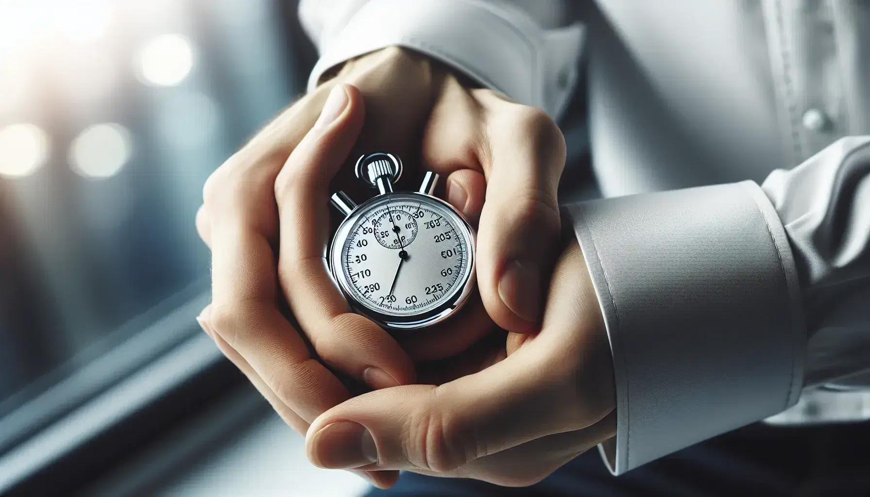 Close-up view of hands holding a silver stopwatch with a black dial, thumbs poised on the button, in a softly lit professional setting.