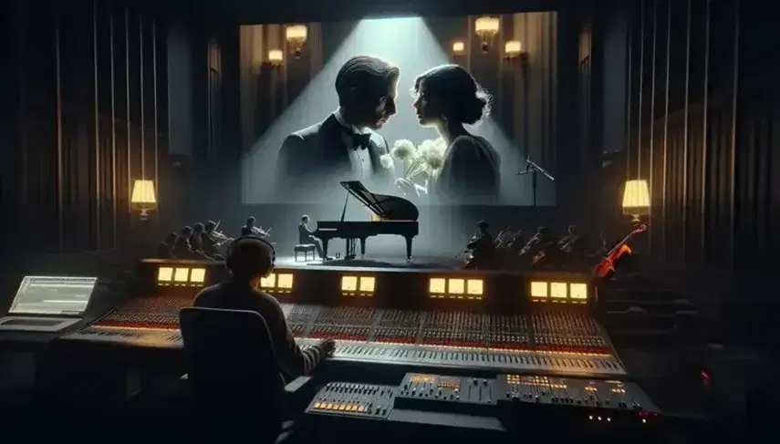 Scena di studio cinematografico con compositore al pianoforte e tecnico del suono alla console, schermo con attori e strumenti musicali sullo sfondo.