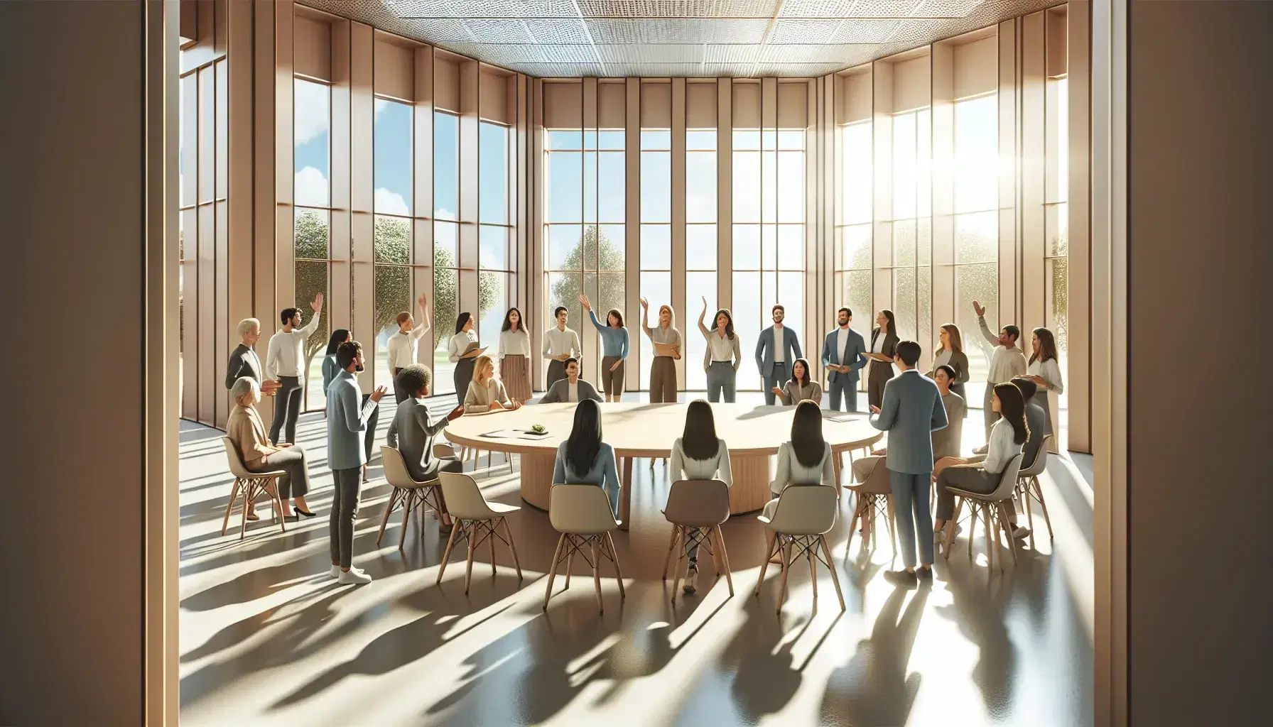 Grupo diverso de personas conversando alrededor de una mesa redonda en un espacio iluminado con ventanas que muestran un cielo azul y árboles verdes.