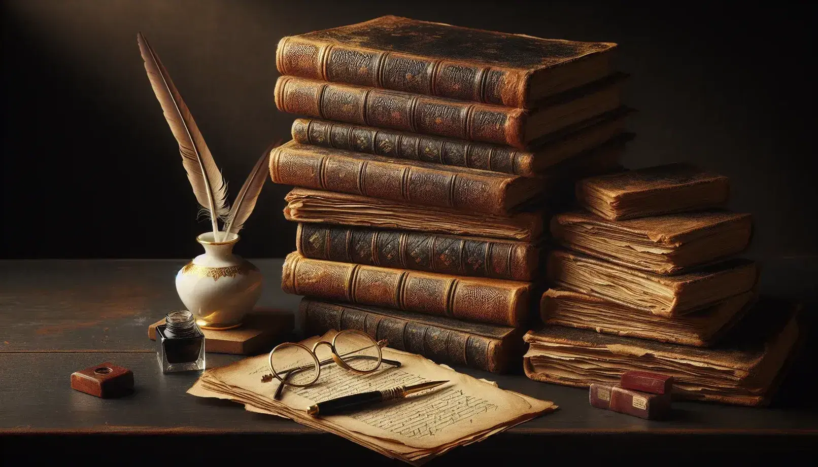 Libros antiguos apilados en mesa de madera oscura con gafas doradas, tintero de porcelana y pluma de ave, junto a sello y lacre rojo oscuro.