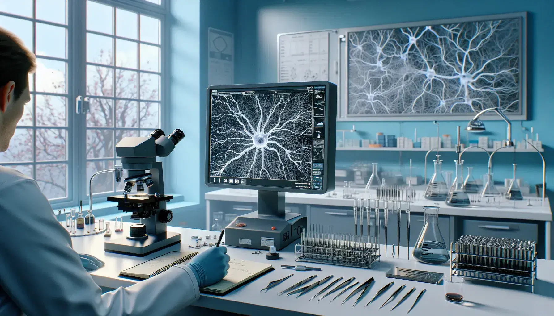 Microscopio elettronico in laboratorio di neuroscienza con ricercatore, strumenti di precisione e pianta verde, senza simboli visibili.