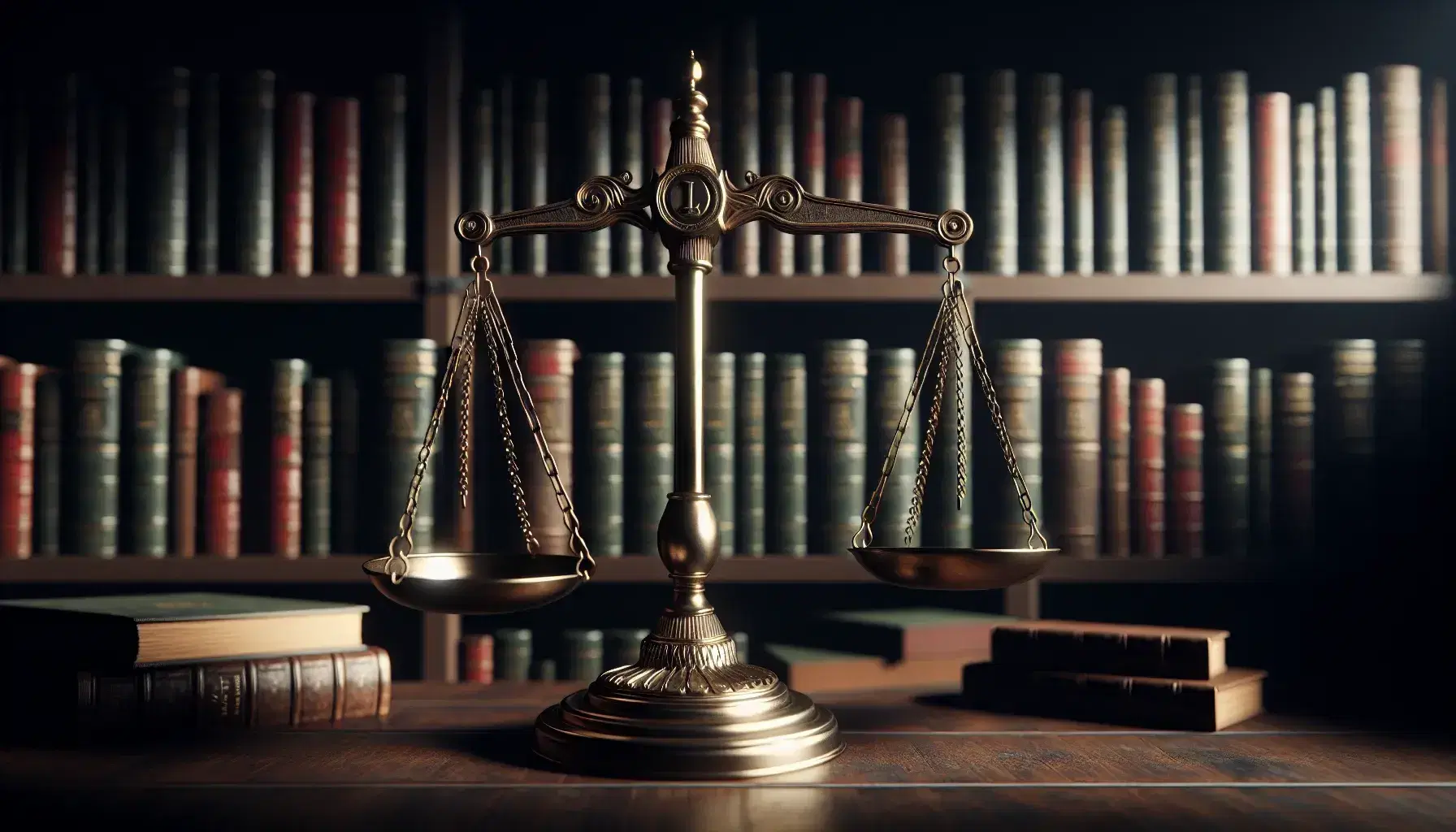 Balanza de justicia equilibrada en biblioteca, sobre mesa de madera oscura, con estantería de libros encuadernados en cuero al fondo.