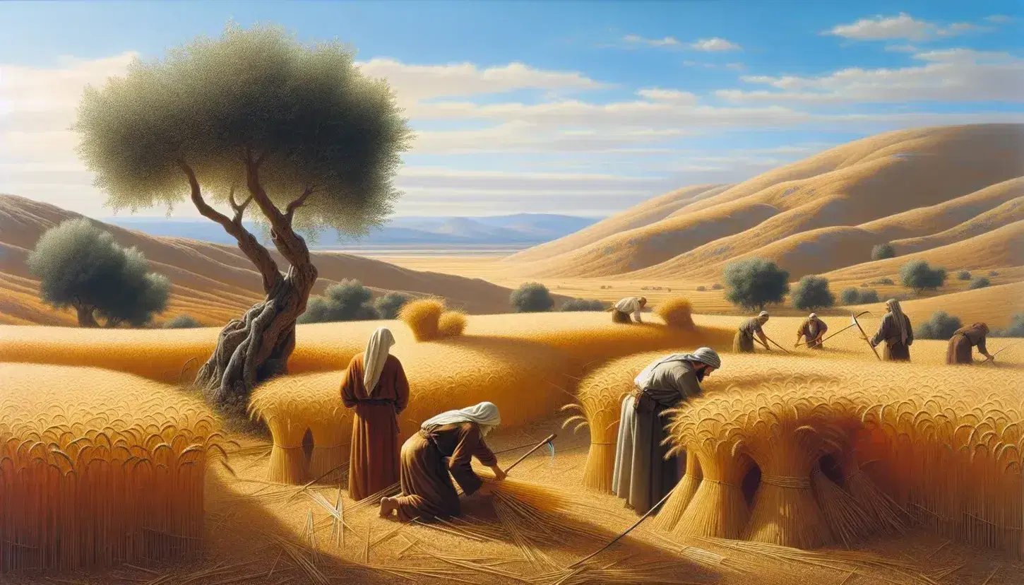 Paisaje árido con colinas suaves, cielo azul y nubes dispersas, campo de trigo dorado en primer plano con gavillas atadas y tres personas trabajando con hoces, junto a un olivo retorcido.