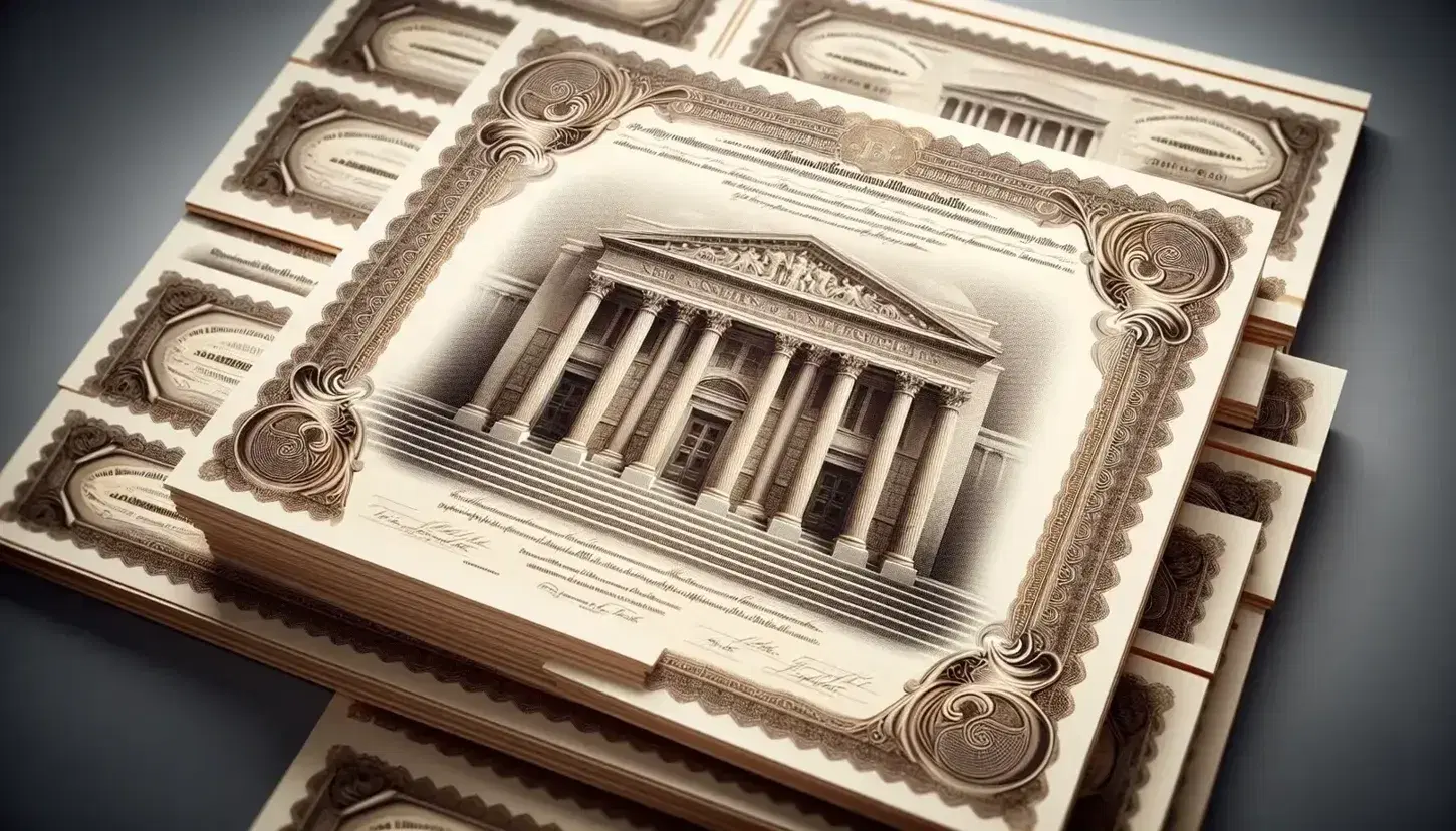 Stacked bond certificates with detailed engravings and embossed seals on a mahogany desk, showcasing intricate filigree and classical architecture.