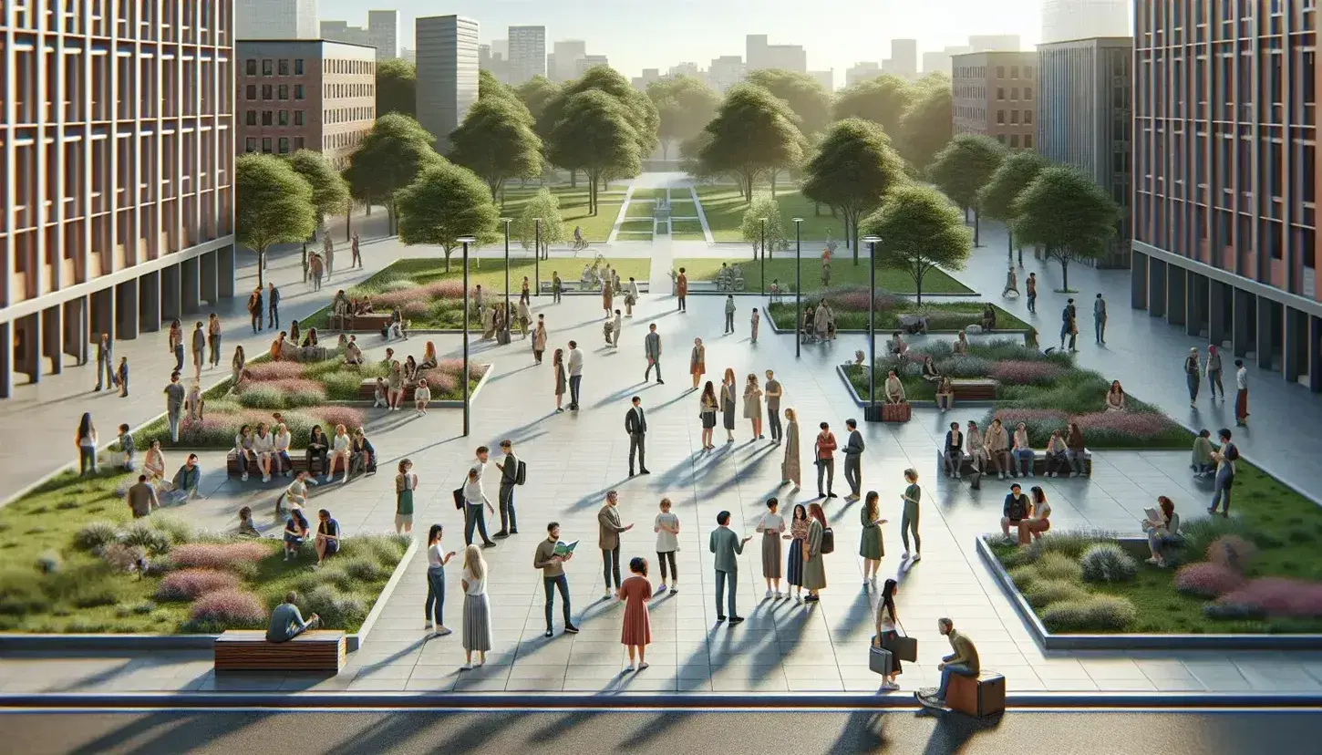 Grupo diverso de personas en un parque urbano durante el día, conversando y usando dispositivos móviles, con árboles y edificios al fondo.