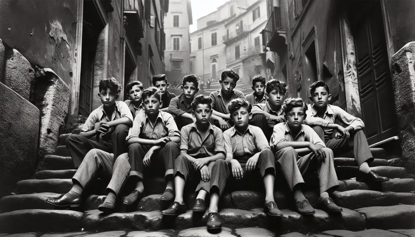 Ragazzi italiani degli anni '50 seduti su scalinata in quartiere romano, con abiti semplici e sguardi pensierosi, sfondo di edifici antichi.